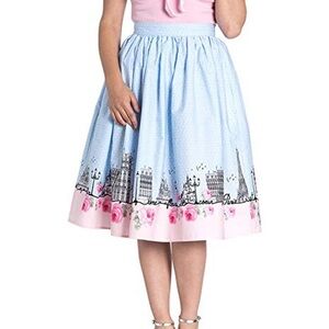 Hell Bunny Blue Skirt with Pink Floral Cityscape